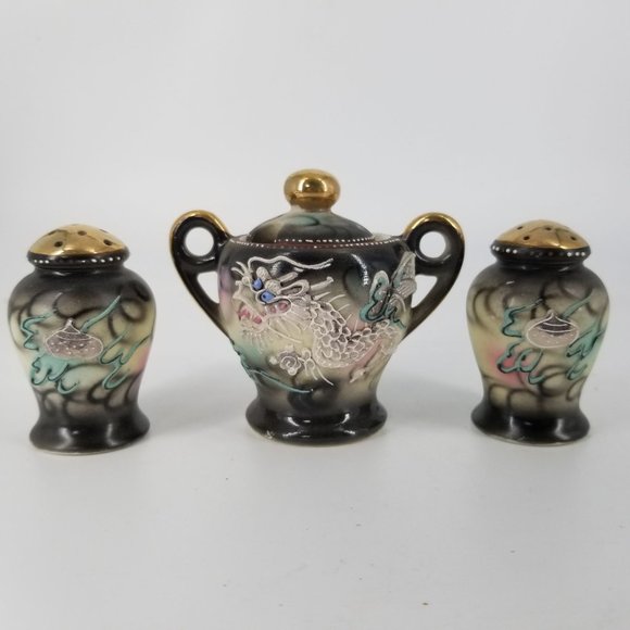 Japanese Moriage Dragon Ware Salt Pepper Sugar Bowl With Lid Mauein Grey Blue - Picture 7 of 7